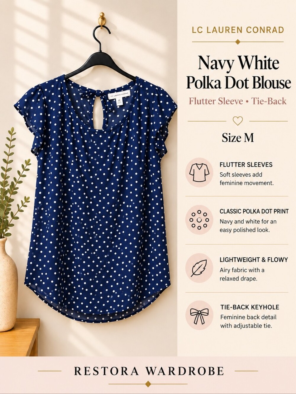 LC Lauren Conrad Navy Polka Dot Flutter Sleeve Blouse Preppy Tie Back M